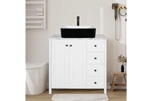 SOLIDEE 32" White Bathroom Vanity with Marble Texture Top and 4 Drawers, Modern Standing Pedestal Cabinet with Black and White Ceramic Sink