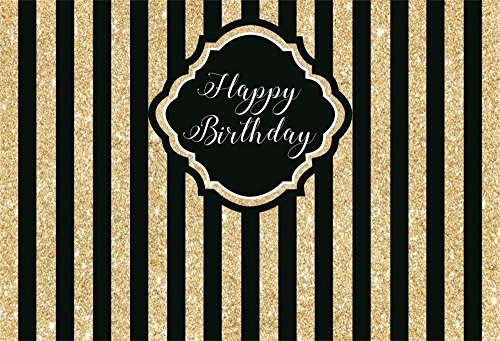 Laeacco 7x5ft Vinyl Photography Backdrop Happy Birthday Party Decoration Banner Home Outdoor Interior Golden and Black Stripes Background Abstract Newborn Baby Children Girls Festival Holiday