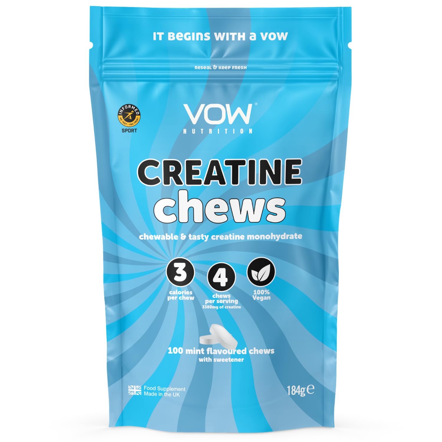 VOW Nutrition Creatine Monohydrate Chews,100 Mint Flavoured Chews, Convinient & Tasty, Informed Sports Approved