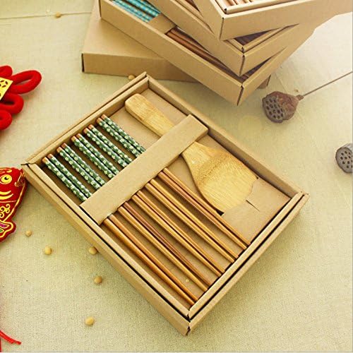 5 Pairs/Pack Pretty gift boxed chopsticks set of bamboo and 1 Rice paddle wood printing tableware sticky rice spoon