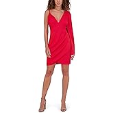 Siena Womens Asymmetrical Sleeves V-Neck Matte Satin Mini Dress