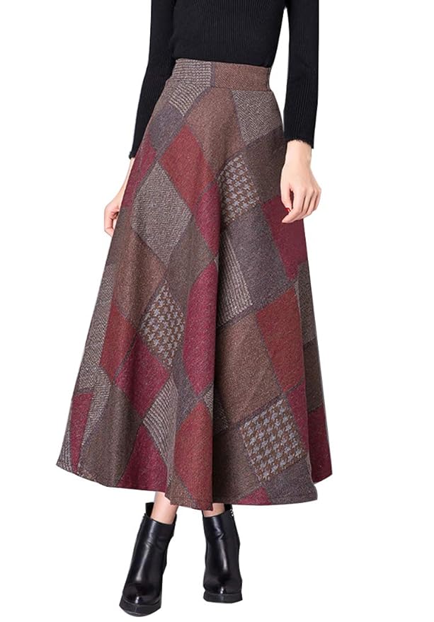 Buy Daxvens Women Long Plaid Skirt with Pockets, Wool Blend High Waist