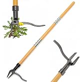 Weed Puller Tool, 44" Stand Up Heavy Duty Root Removal Garden Tools with 4 Claw Steel Head, Made with Real Bamboo &amp; Long Wooden Handle - Easily Remove Weeds Without Bending, Kneeling, or Pulling