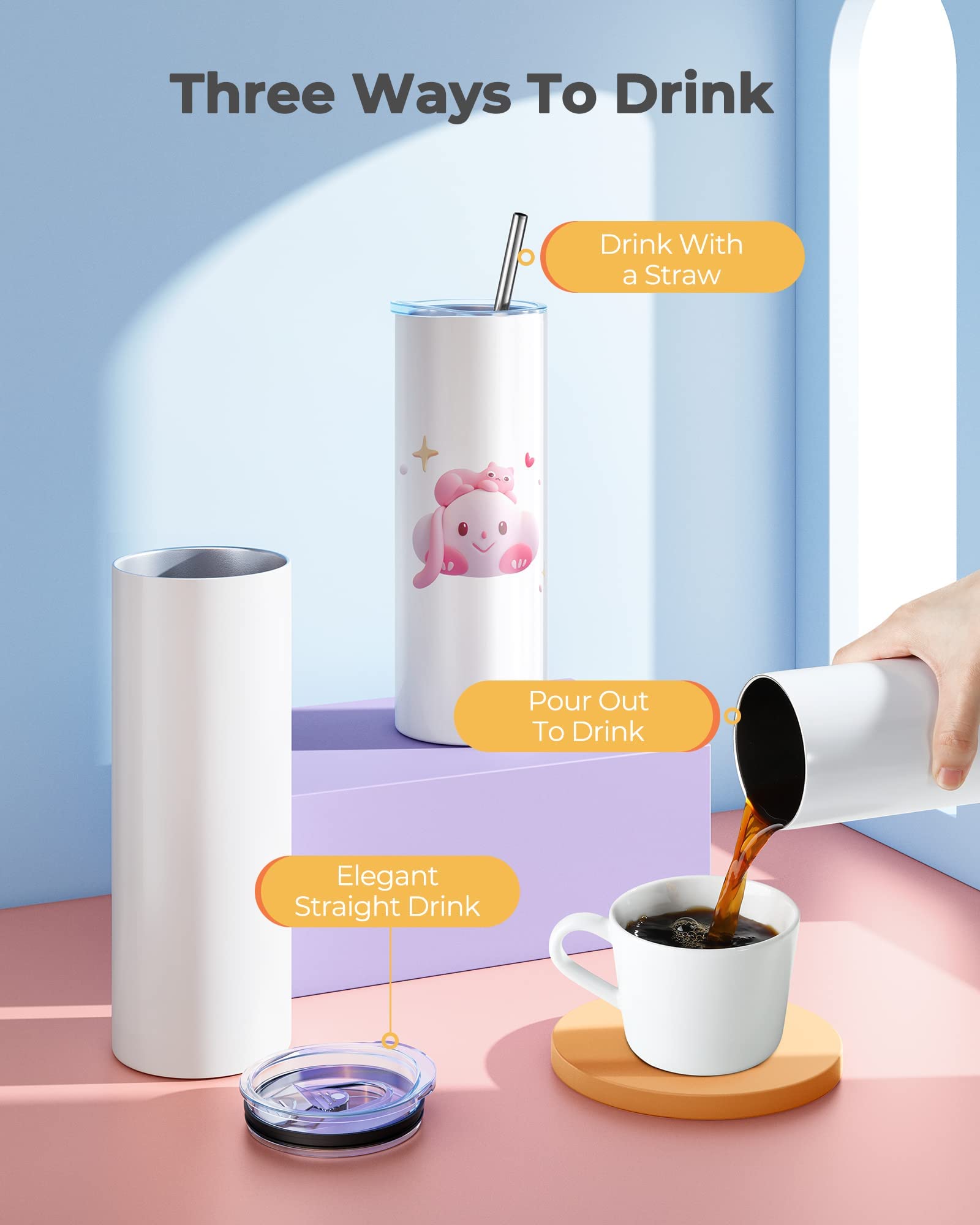 Hiipoo 8 Pack Sublimation Tumblers Blank 20 oz Straight Skinny with Sublimation Papers, Lids and Straws, Shrink Wrap Films, Stainless Steel Double Wall Insulated Tumbler for Mug Press Machine
