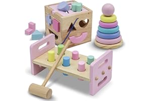 WALIKI Pounding Bench with Hammer, Wood Shape Sorter Box, Rainbow Stacker, Pastel Colors, Complete Set (3 Wooden Toys Bundle)