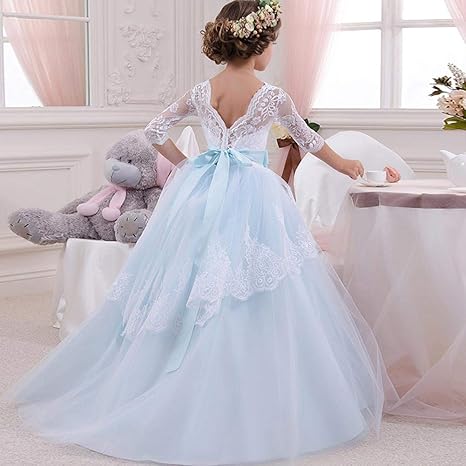 feiledi Trade Mädchen Kleid Langarm Spitze Top Tüll Rock Kinder Erstkommunion Kleider Langarm Kleid Show Robe Prinzessin Cind