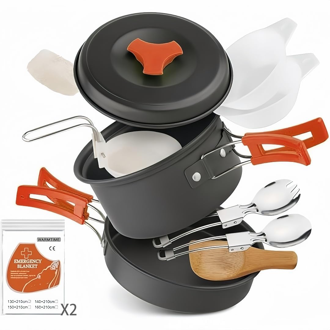 12-Piece Lightweight Camping Cookware Set – Nonstick Pot, Pan & Utensils for Backpacking & Hiking – Portable Mess Kit for 1–2 People, Bonus 2 Emergency Blankets