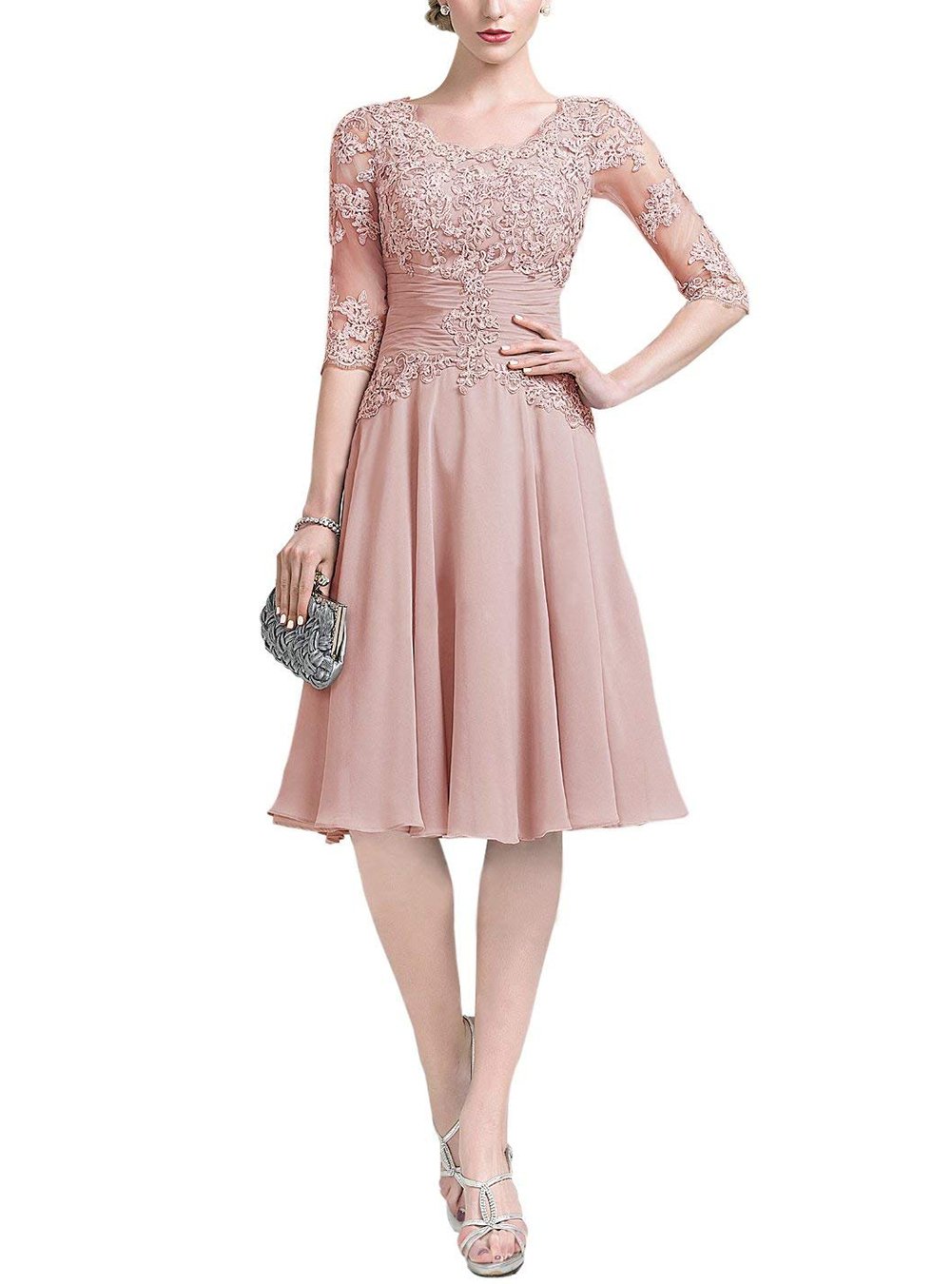 HIDRESS Women's Knee Length Chiffon Formal Dress 1/2 Sleeves Ruffle