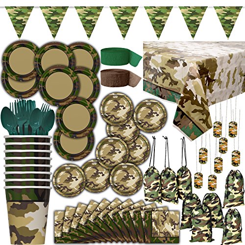 Camouflage Theme Party Supplies - 16 Guest - Dinner Plates, Cake Plates, Cups, Napkins, Cutlery, Tablecover, Streamers, Dog Tags, Cloth Loot Bags, Pennant Banner - Decorations and Tableware and Favors