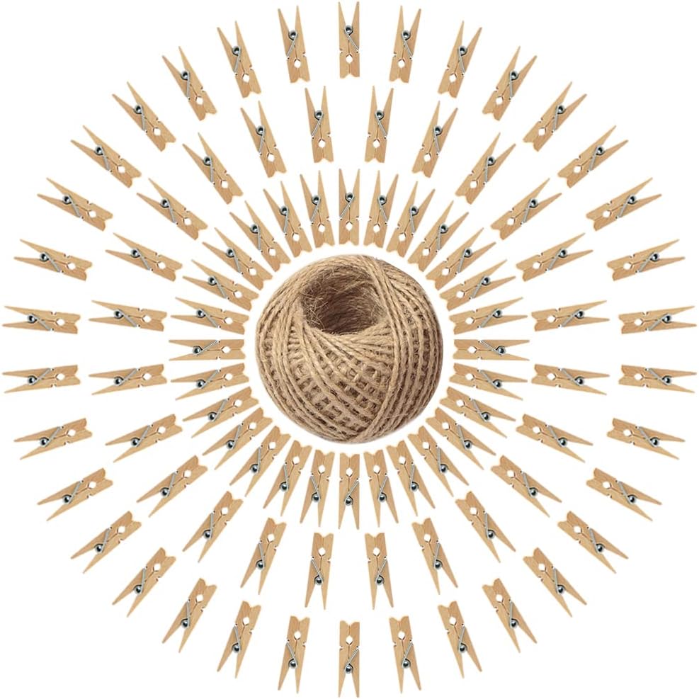 jijAcraft 3.5cm Mini Wood Pegs 100Pcs with Jute Twine for Photo Display