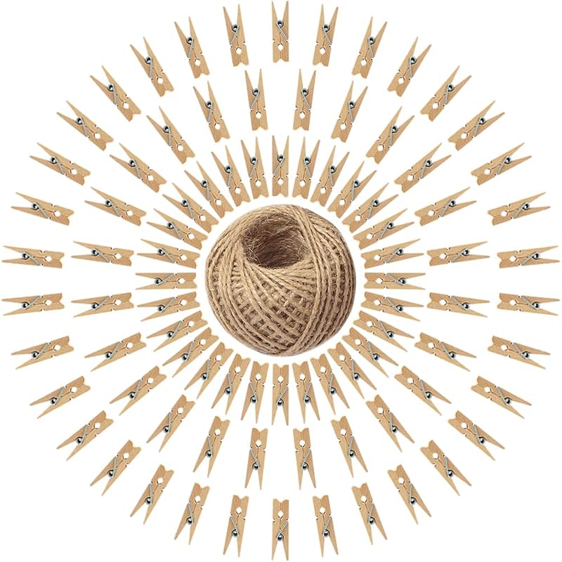 jijAcraft 3.5cm Mini Wood Pegs 100Pcs with Jute Twine for Photo Display