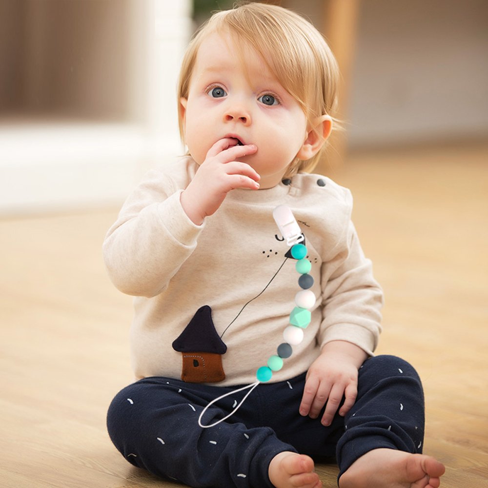 TYRY.HU Pacifier Clips Boys Baby Paci Clip Silicone Teething Beads Soothie Binky Holder Teether Toys Birthday Christmas Shower Gift (Green, Gray) : Baby