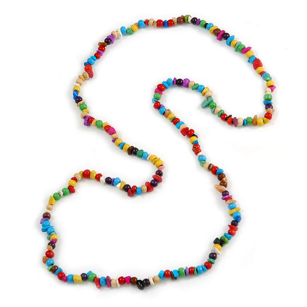 Avalaya Multicoloured Wood and Semiprecious Stone Long Necklace - 96cm Long