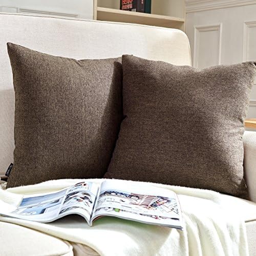 Hey Tang Pack of 2, Cotton Linen Soft Soild Decorative Square Throw Pillow Covers Set Cushion Case for Sofa Bedroom Car 20 x 20 Inch 50 x 50 Cm,Brown
