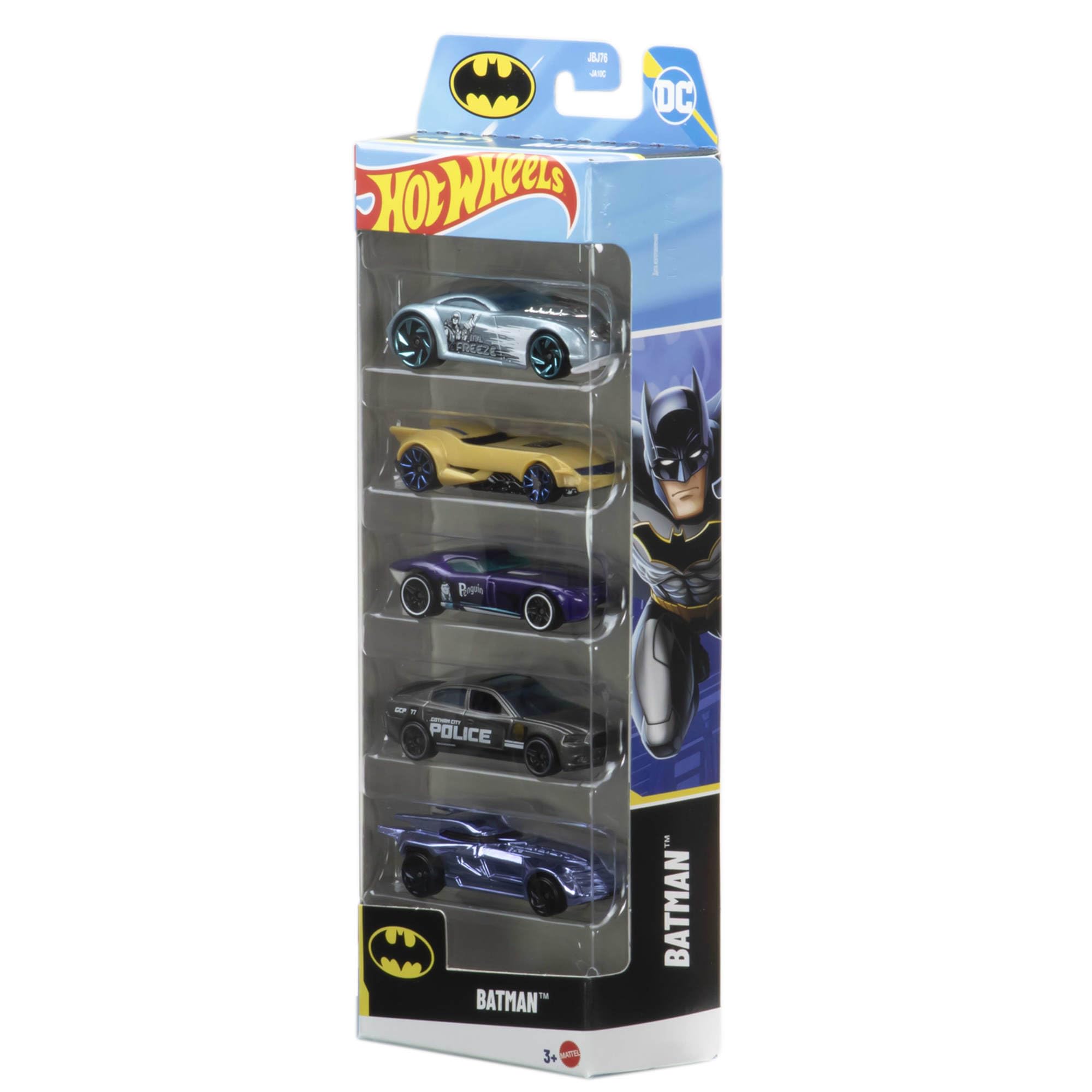 Hot Wheels Batman Spielzeugautos im 5er-Pack, Set aus 5 Die-Cast-Fahrzeugen im Maßstab 1:64 im Batman-Design, einschließlich des Batmobiles, JDR18