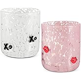 Skylety 2 Pcs Valentine Icon Juice Glass Rocks Glasses Wine Stemless Double Old Fashioned Icon Hand Blown Cocktail Cups 14-ounce Couple for Women Home Decor Lovely Gifts