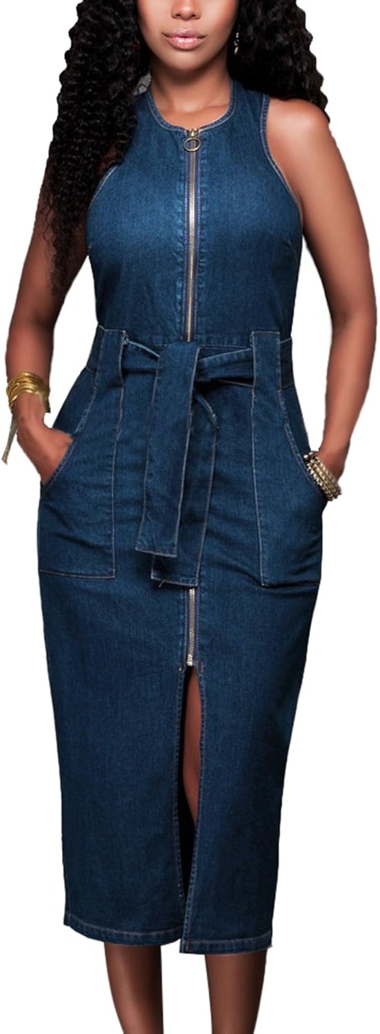 Women Denim Dress Summer Sleeveless Zip Up Bodycon Midi Jean Dresses with Belt