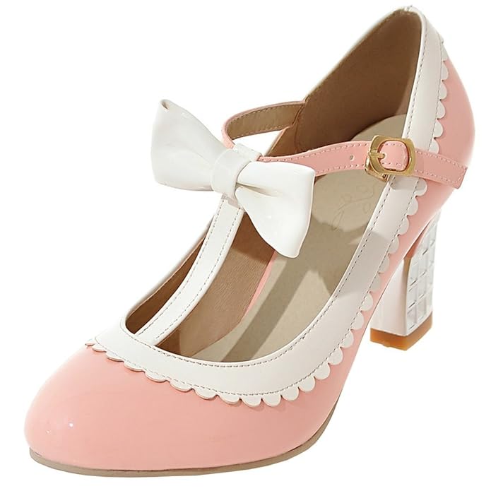 YE Damen T Spangen Rockabilly Pumps Lack Blockabsatz High Heels mit Riemchen und Schleife Elegant Schuhe