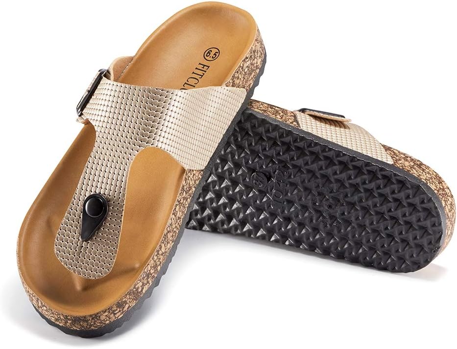 Fitclusion Women Thong Slipper Cork Slides Sandals Flip Flop Casual with Buckle Adjust Footbed Comfortable