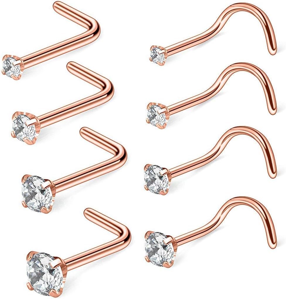 8 Pcs 20 Gauge Stainless Steel Nose Rings Studs L Shaped Crook Nose Body Piercing Jewelry 1.5mm 2mm 2.5mm 3mm Diamond CZ Nose Stud L Bend for Women Girl Piercing (Slive-Rose Gold)