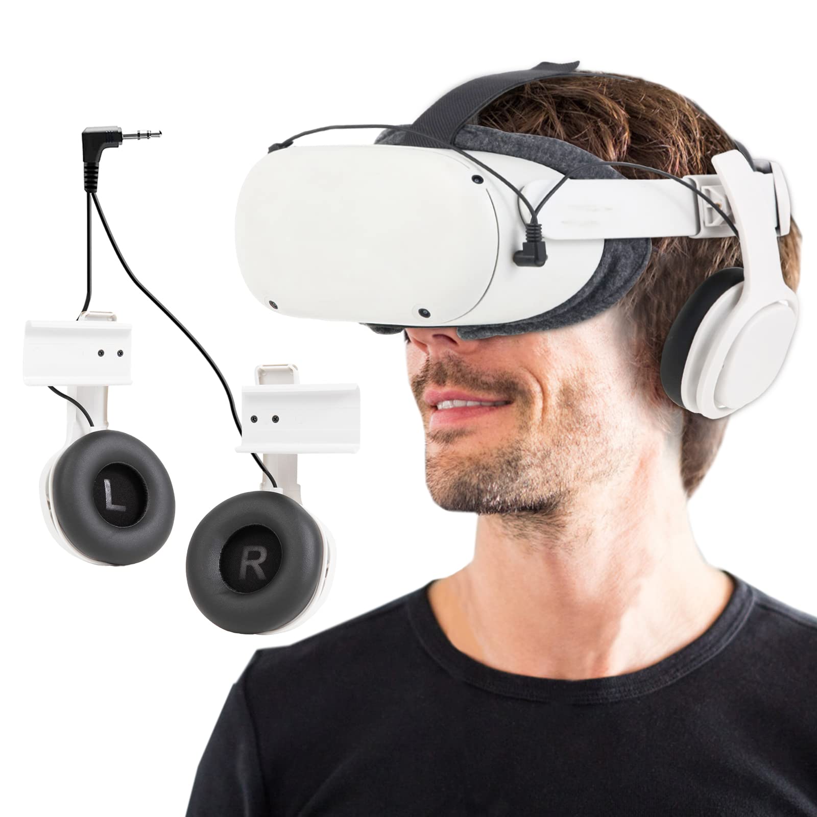Stereo VR Headphones Custom Made for Quest 2 Elite Head Strap & Original Head Strap-On Ear Deep Bass 3D 360 Degree Sound (White)