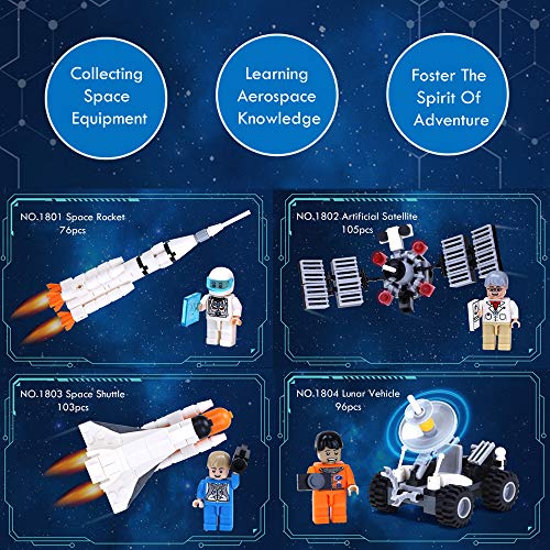 KWANITHINK Space Building Block Toys for Kids, 4 in 1 Space Construction Toys with Rocket, Satellite Lunar Lander and Astronaut, STEM Educational Toys for Boys and Girls