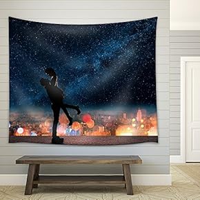 Silhouette of Asian Couple, Man Hold His Girlfriend Up Above The City in Night Under Stars. - Fabric Wall Tapestry Home Decor - 51x60 inches