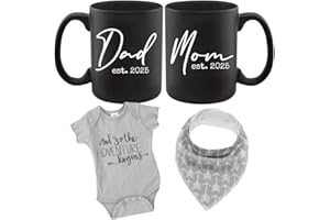 TIPIT DRINKWARE Pregnancy Gift Est 2025 - New Mommy and Daddy Est 2025 11 oz Mug Heart Set with "And So The Adventure Begin" Romper (0-3 Months) Top Mom and Dad Gift Set for New and Expecting Parents to Be