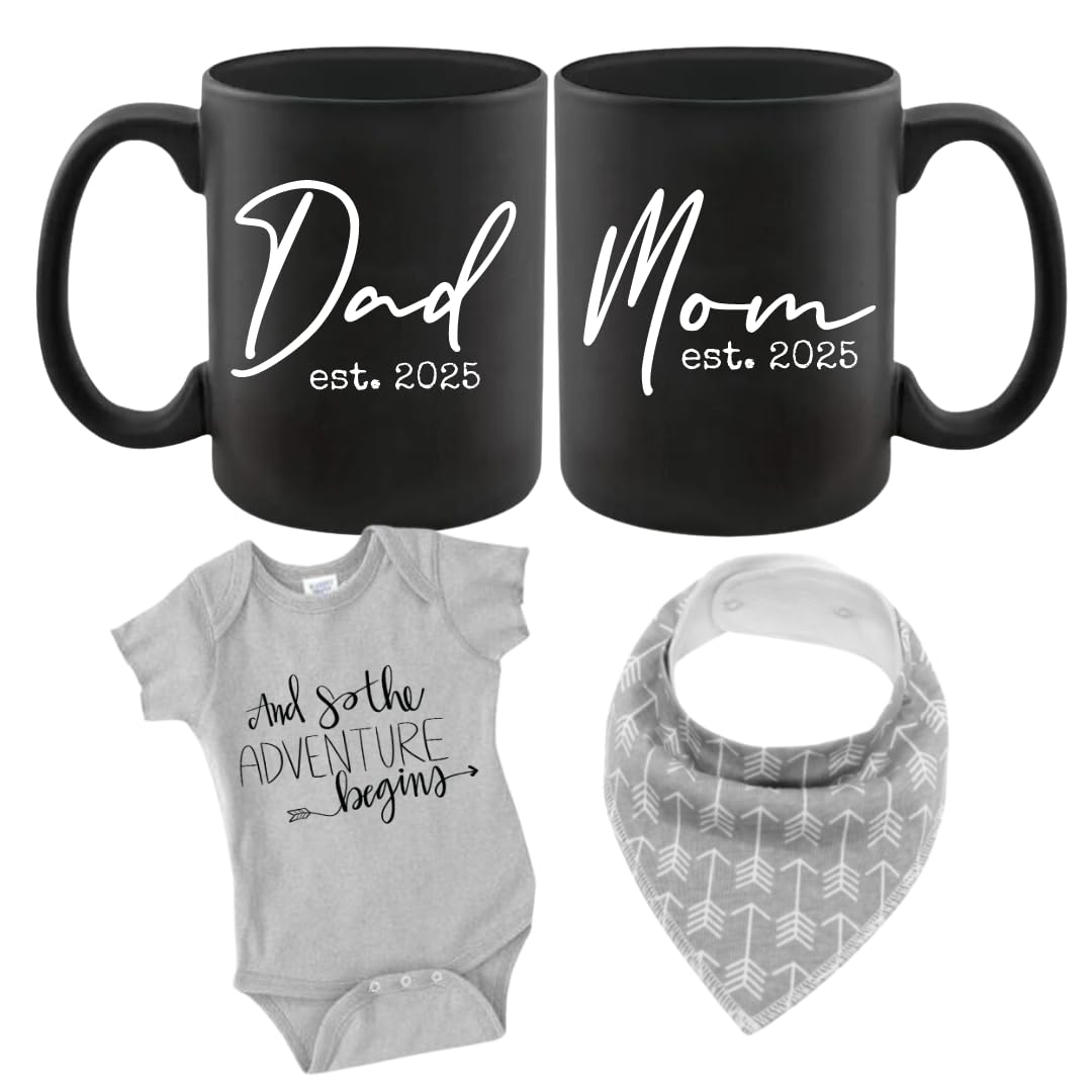 Photo 1 of Pregnancy Gift Est 2025 - New Mommy and Daddy Est 2025 11 oz Mug Heart Set with "And So The Adventure Begin" Romper (0-3 Months) Top Mom and Dad Gift Set for New and Expecting Parents to Be