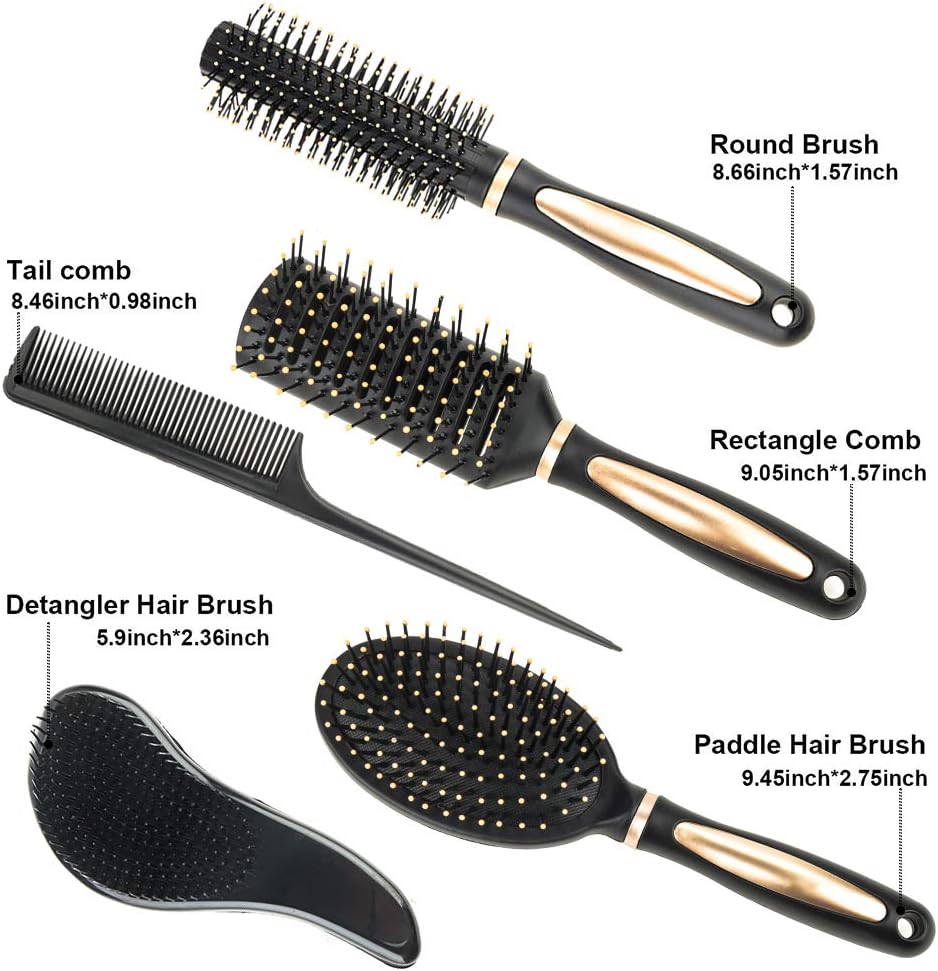 5 Pieces Hair Brush Set Detangling Brush Paddle Brush Round Hair Brush Tail Comb Wet Dry Brush for Women Men Hair Styling (Black) - Image 3