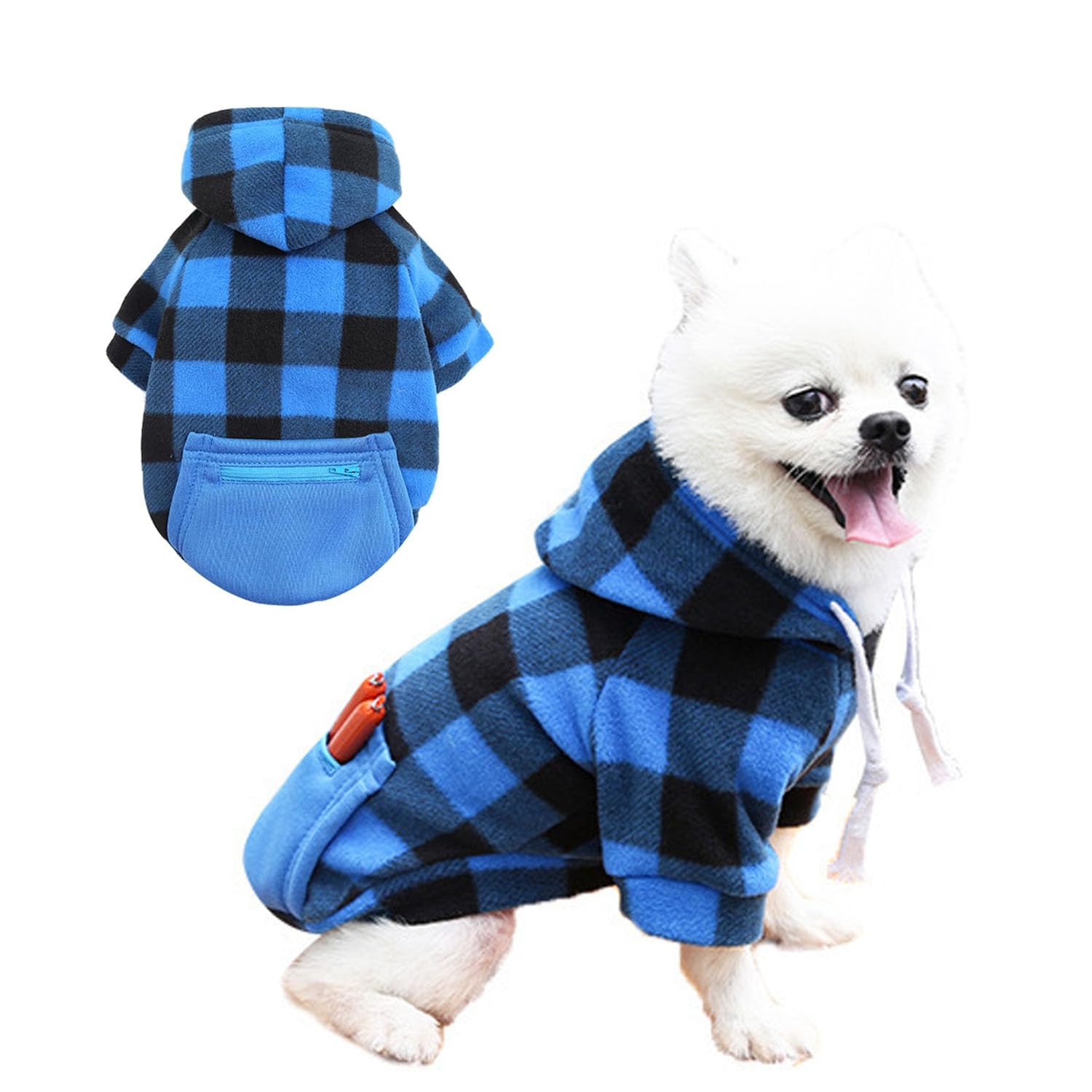 Photo 1 of Soft Dog Hoodies Sweatshirts Warm Fall Cold Weather Coat with Zipper Pocket Sweater for Small Medium Dogs, Hoodie Pet Puppy Clothes for Male Female Girl Boy Cats Costume (Blue Plaid, M: Chest 15.35")