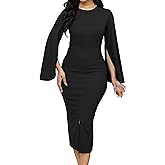 Women Church Dresses Bodycon Work Dress Bell Long Sleeve Round Neck Business Pencil Dresses