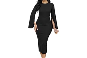 CUTECHERRY Women Church Dresses Bodycon Work Dress Bell Long Sleeve Round Neck Business Pencil Dresses