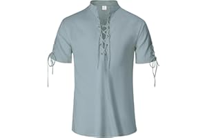 IWQBQ Mens Renaissance Shirt Pirate Medieval Viking Steampunk Top Lace Up V Neck Linen Short Sleeve Halloween Costume