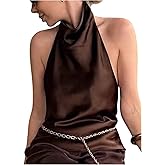 SweatyRocks Women's Satin Halter Top Backless Cowl Neck Summer Blouse Tops Going Out Outfits