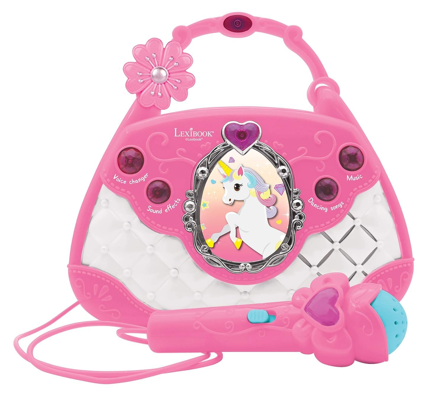 Lexibook, Unicorn, Karaoke Bag with Microphone, voice changer, demo songs, light effects, mic included, aux-in input, pink/blue, K102UNI