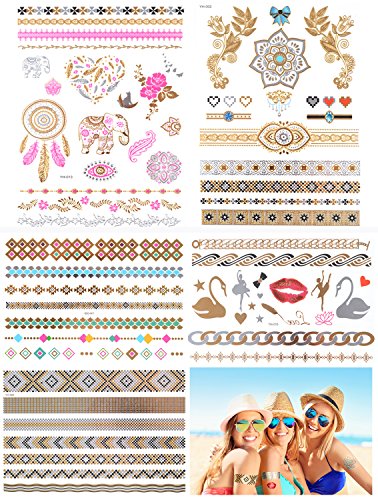 TEMPORARY FLASH TATTOOS - 5 Card Pack - 65 Designs - Metallic Tattoos for Kids, Girls, Teens & Young Adults. Makes A Great Gift & Birthday Present Idea For All Ages.