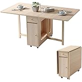 COMUHOME Drop Leaf Folding Dining Table with Storage, Wheels, Space Saving | Foldable Design, 18mm Thick Plywood, 300 lbs Capacity, Locking Wheels, Farmhouse Style, for Living Room Kitchen Small Spaces
