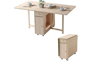 COMUHOME Extendable Drop Leaf Folding Dining Table with 2 Drawers and 4 Wheels for Living Room Kitchen Farmhouse Space Saving Table in Wood Color