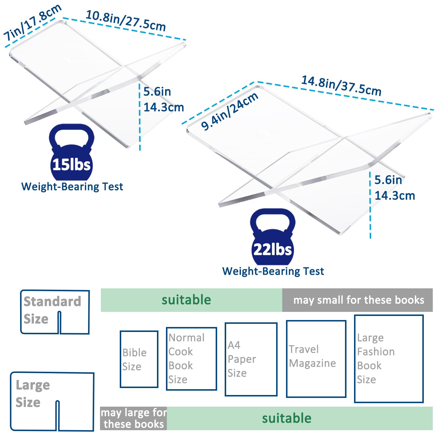 Acrylic Book Holder 11 x 7 x 6 in Open Large Book Display Stand for Cookbook Art Book Bible Guest Book - 2-Piece Coffee Table Book Stand for Reading - Clear, Transparency
