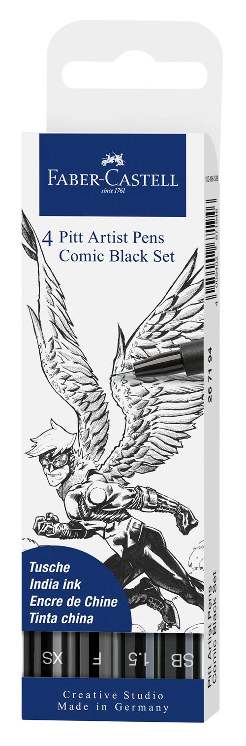 Faber-Castell Creative Studio Pitt Artist Pen India Ink, Black, Pack of 4, Art, Craft, Drawing, Sketching, Home, School, University, Colouring