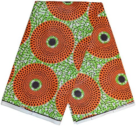 African Fabrics Super Wax Print Material 6 Yards - Premium Quality (Green/Orange/CD)
