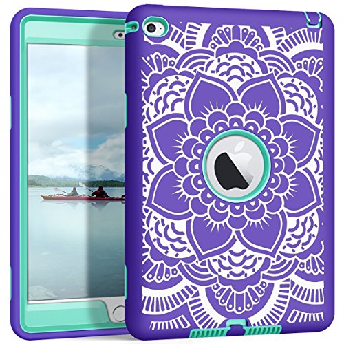 iPad Mini 4 A1538/A1550 Case, Hocase Rugged Shockproof Protection Hard Plastic+Silicone Rubber Hybrid Protective Case for Apple iPad Mini 4 7.9" Display Retina - Purple Flower/Teal