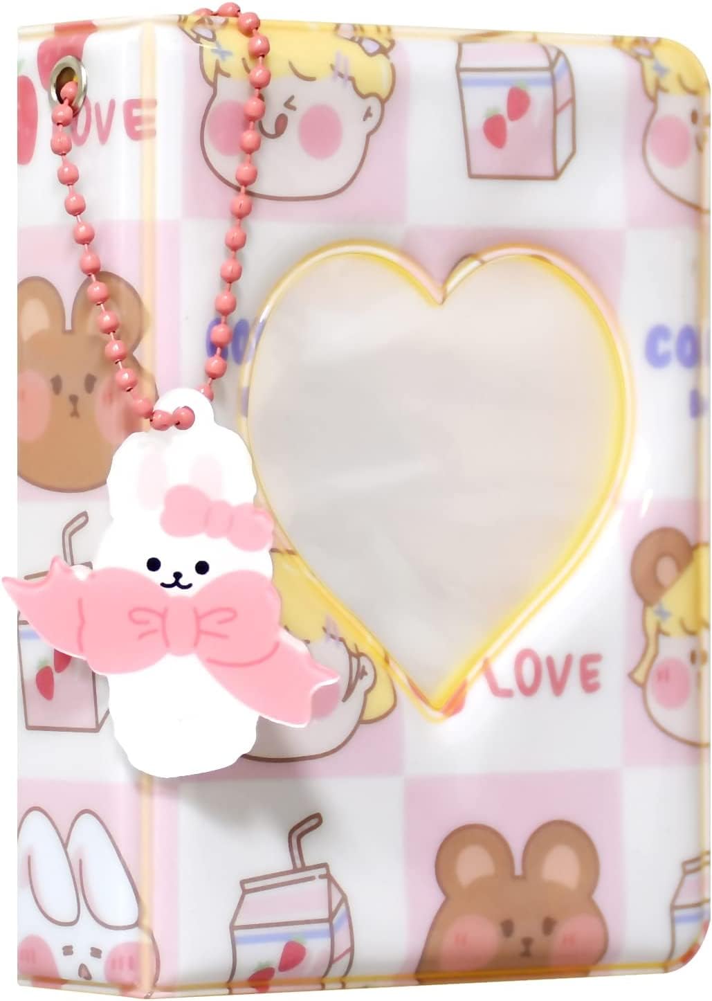 3 Inch Kpop Photocard Binder Holder Book, 40 Pockets Mini Photo Album Kpop Photocard Binder, Love Heart Hollow Photo Card Holder Kpop Album with Lovely Pendant for Photo Collection (Pink)