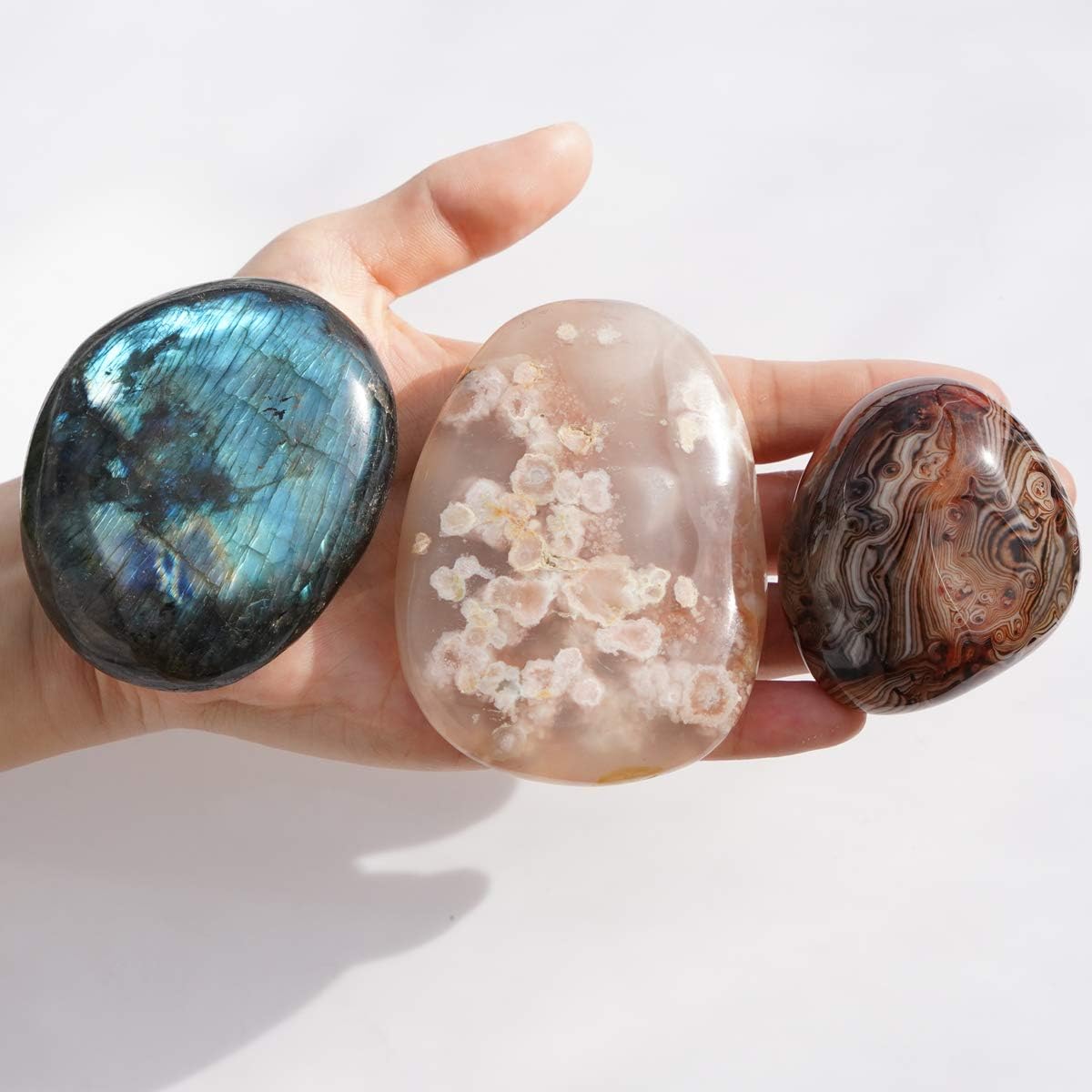 Indoor Fountains & Accessories - MIMOSA Irregular Polished Labradorite Palm Stones,Banded Agate,Floral Agate[3PCS]