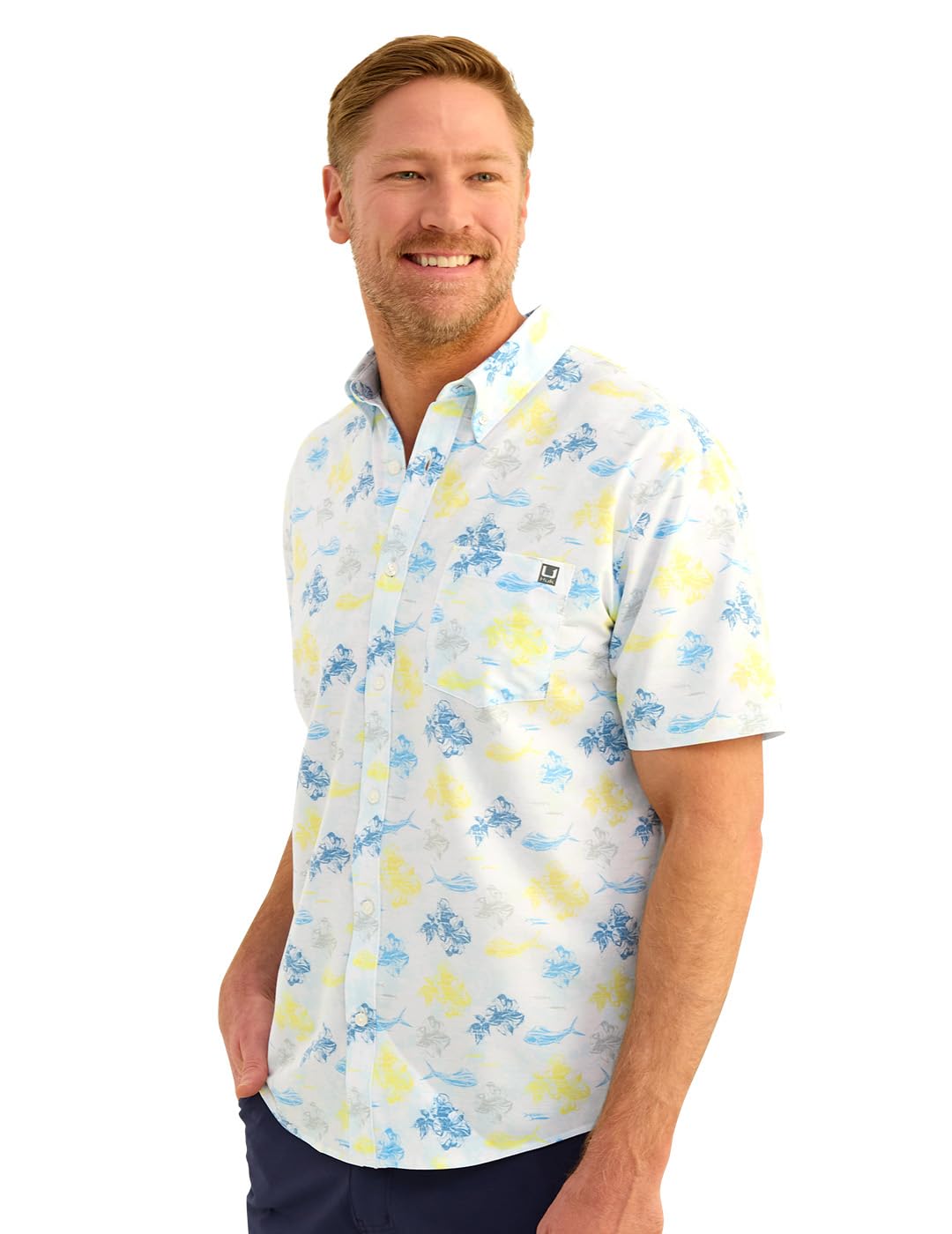 HUK Men's Standard Scott Patterned Kona, Performance Button Down Shirt, KC-Marolina Blue Image