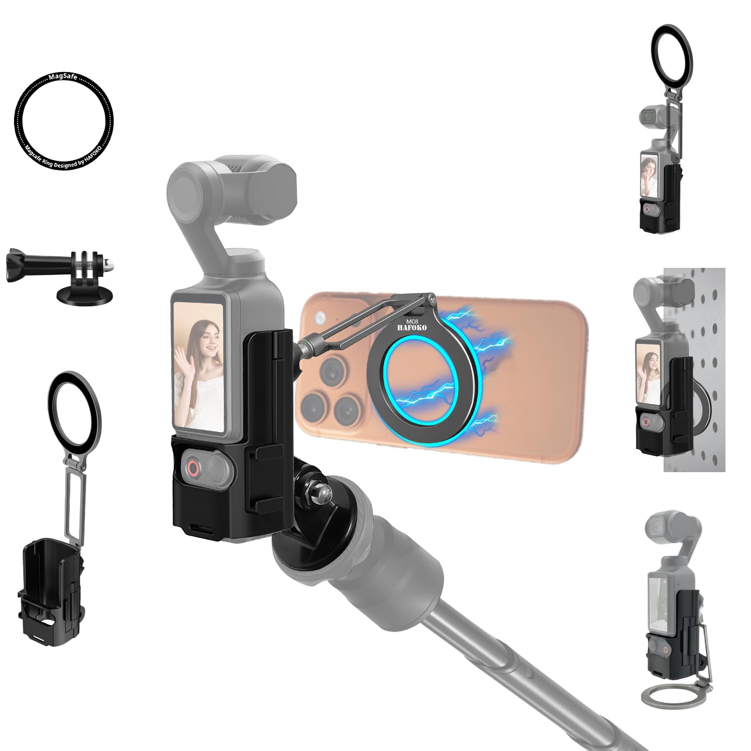 HAFOKO Osmo Pocket 3 Magnetic Phone Holder Compatible for iPhone, Magnetic Mount Expansion Adapter Frame with 360° Adjustable Light Holder Compatible for DJI OSMO Pocket 3 Accessories