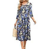 Soesdemo Long Sleeve Dress for Women Casual V Neck Pleated Button Down 3/4 Sleeves Knee Length Midi Dresses with Pockets