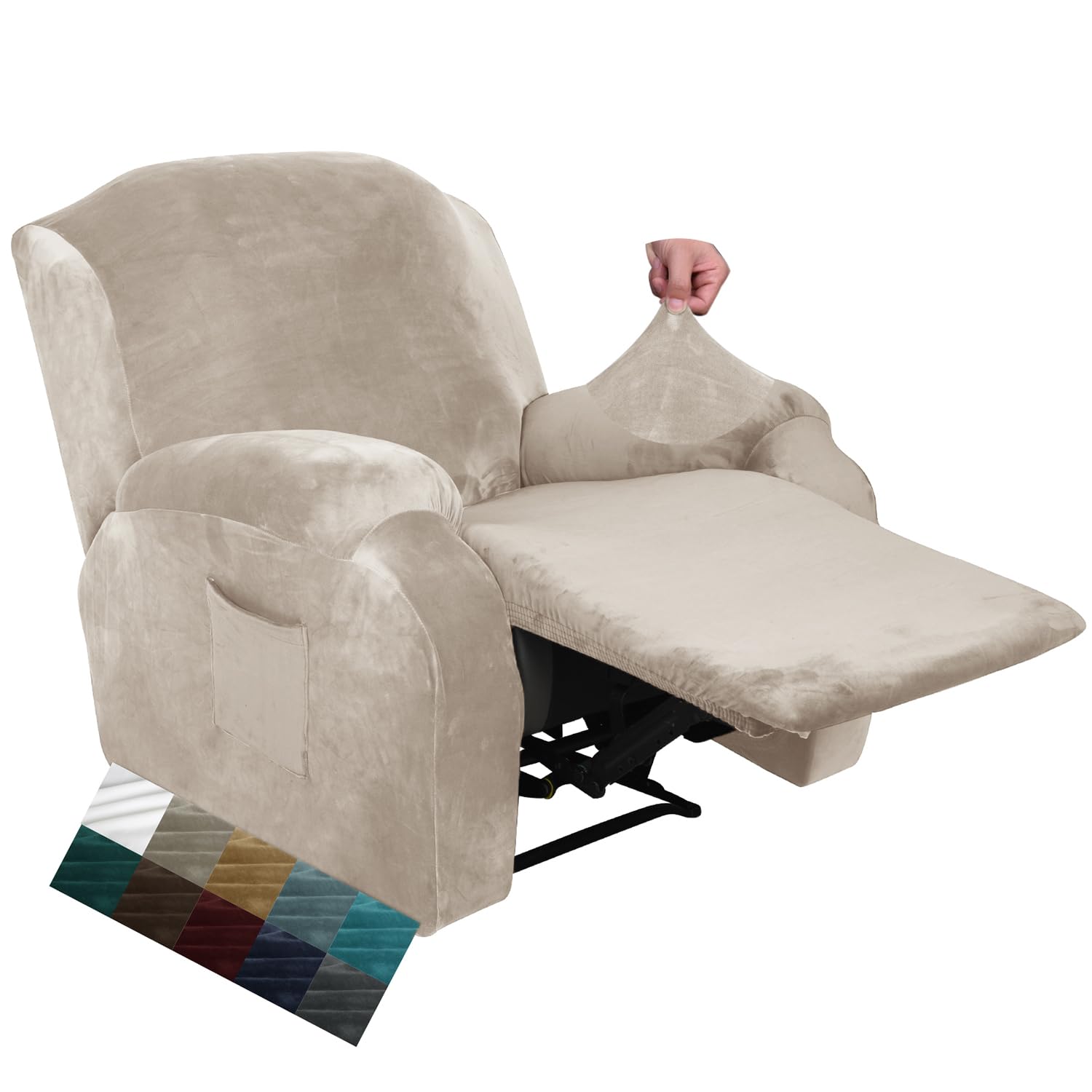 CHELZEN Velvet 4 Piece Recliner Cover Stretch Soft Cover for Recliner Chair Thick Soft Recliner Chair Slipcover (Recliner, Khaki)