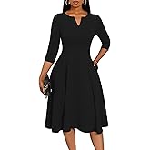 Nmoder Midi Dresses for Women A-Line Fit and Flare Dress 3/4 Sleeve V Neck Cocktail Wedding Guest Work Dress with Pockets